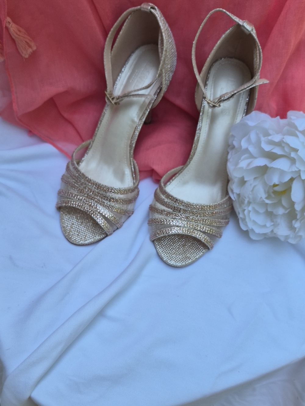David's Bridal Rose Glitter Strappy Heels with Ankle Strap